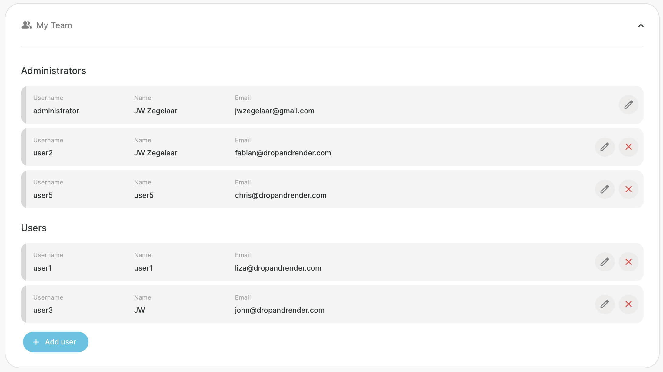 Web dashboard team management