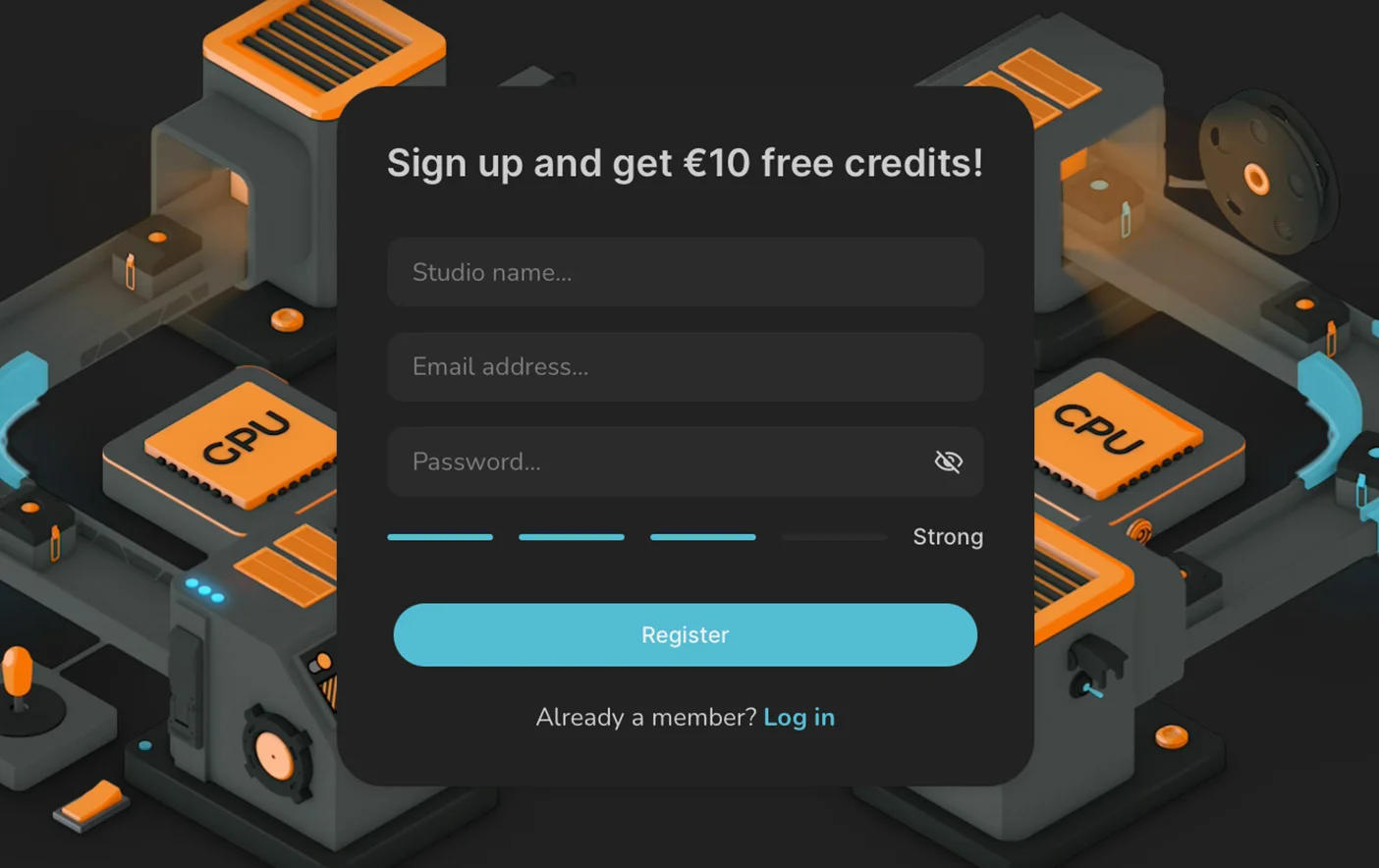 Step 1: Criar uma conta de estúdio - Dark mode interface screenshot